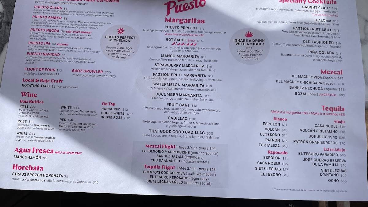 Menu at Puesto La Jolla pub & bar, San Diego, Wall St