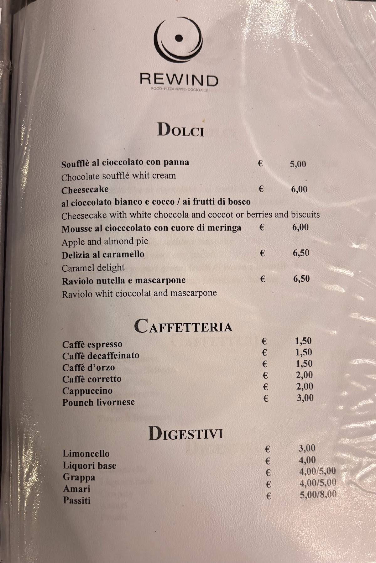 Menu di Rewind Pizzeria Ristorante Wine bar & cocktail bar 