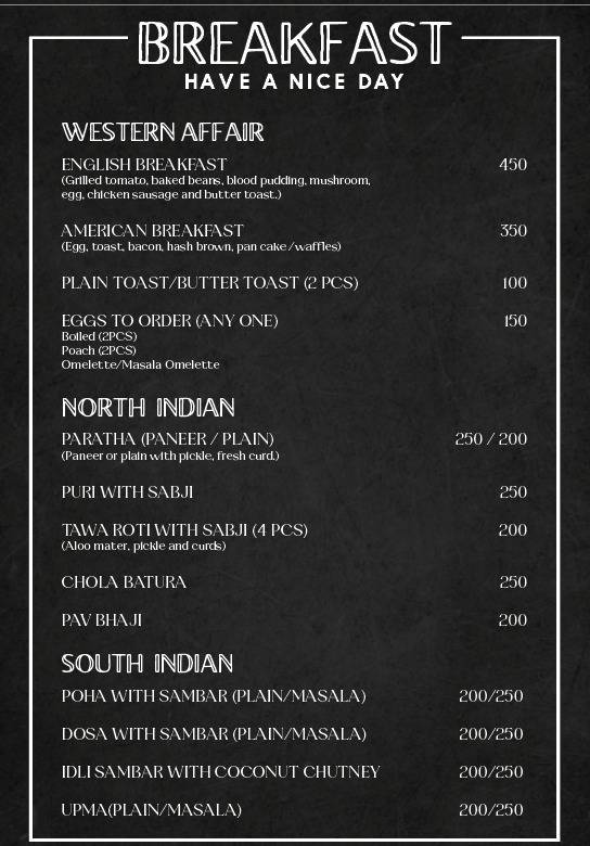 The Attic Lounge menu