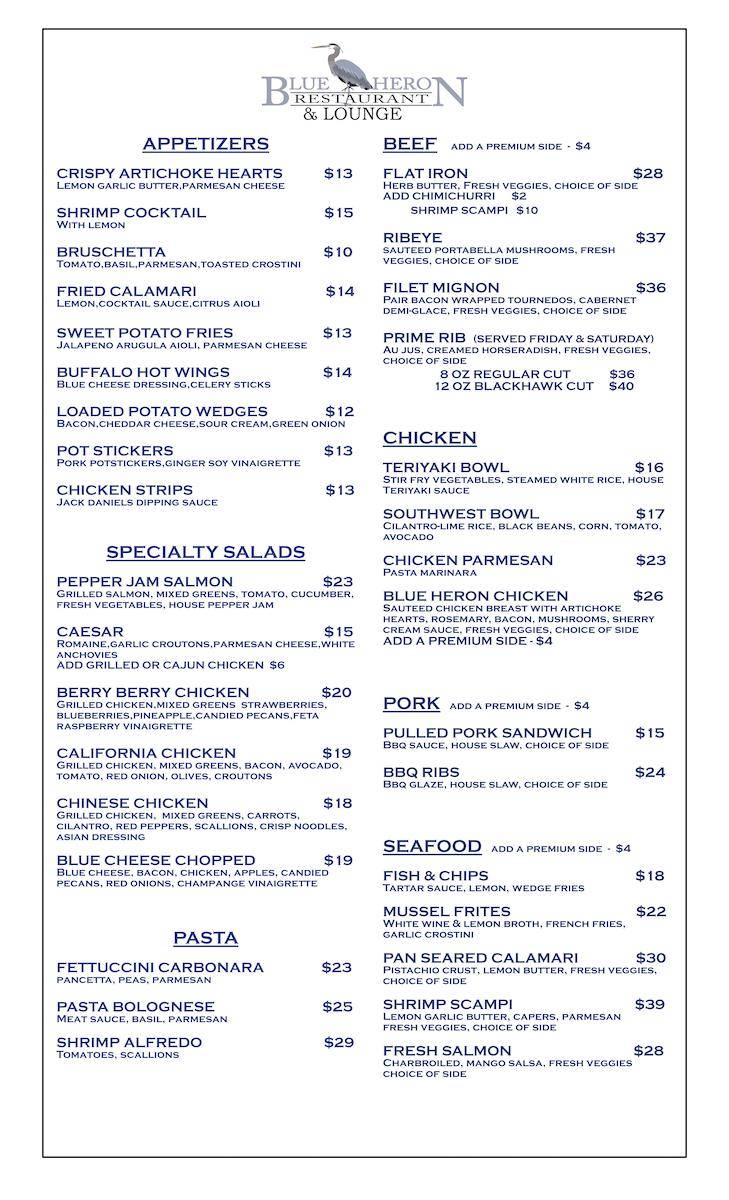 Menu at The Blue Heron Restaurant & Lounge, Yosemite Lakes