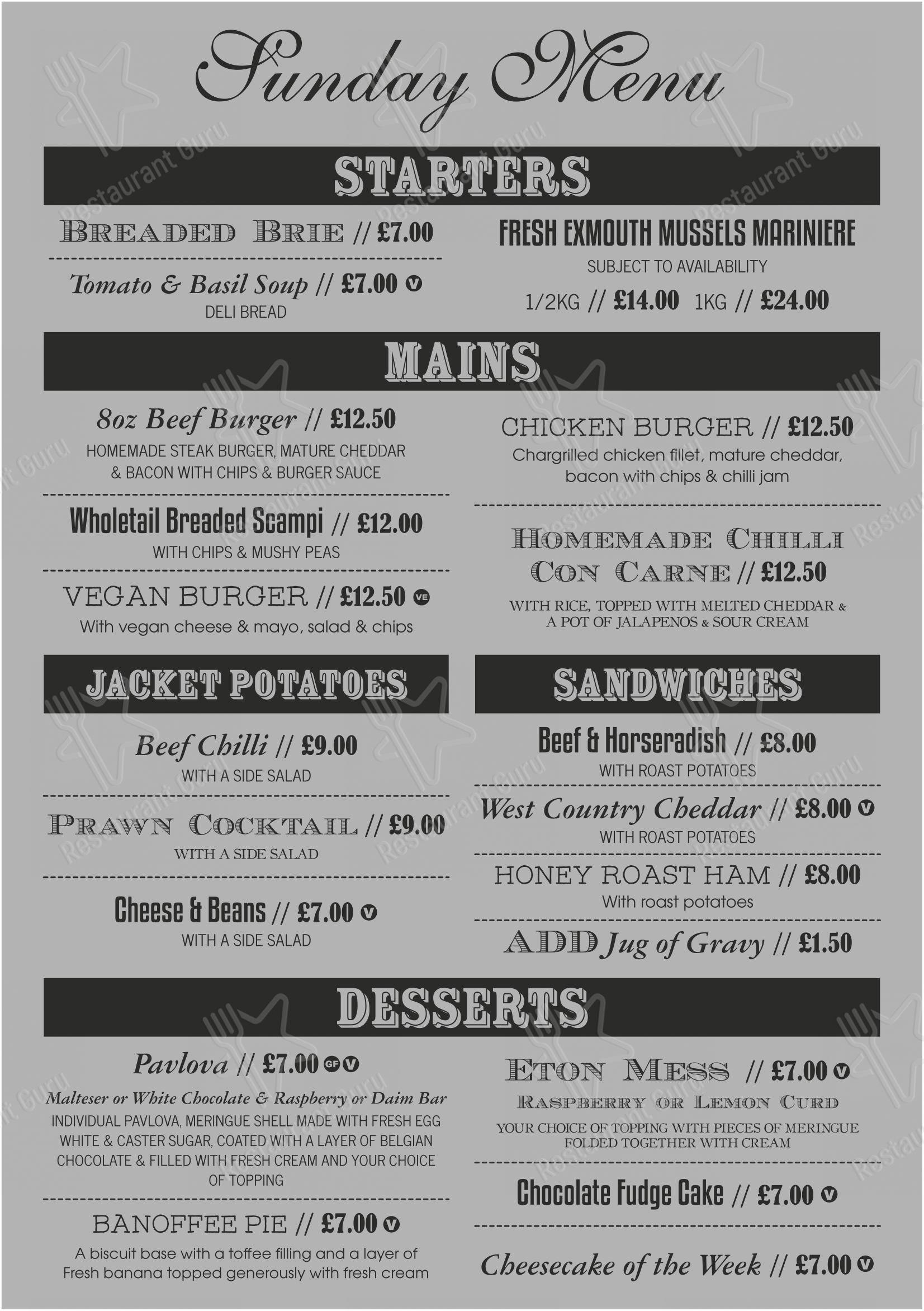 Menu at The Heavitree Pub, Exmouth