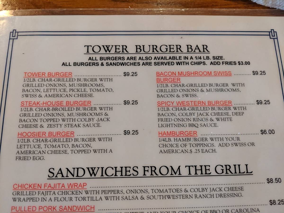 Menu at The Tower Bar & Grill, Fort Wayne