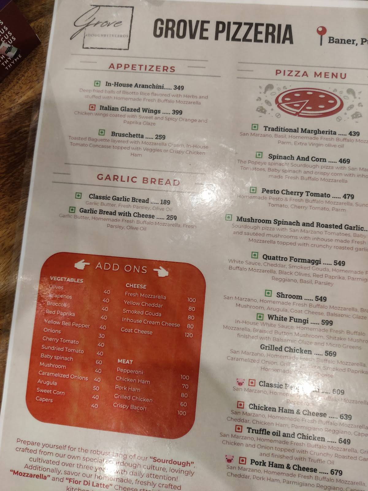 Grove Pizzeria menu