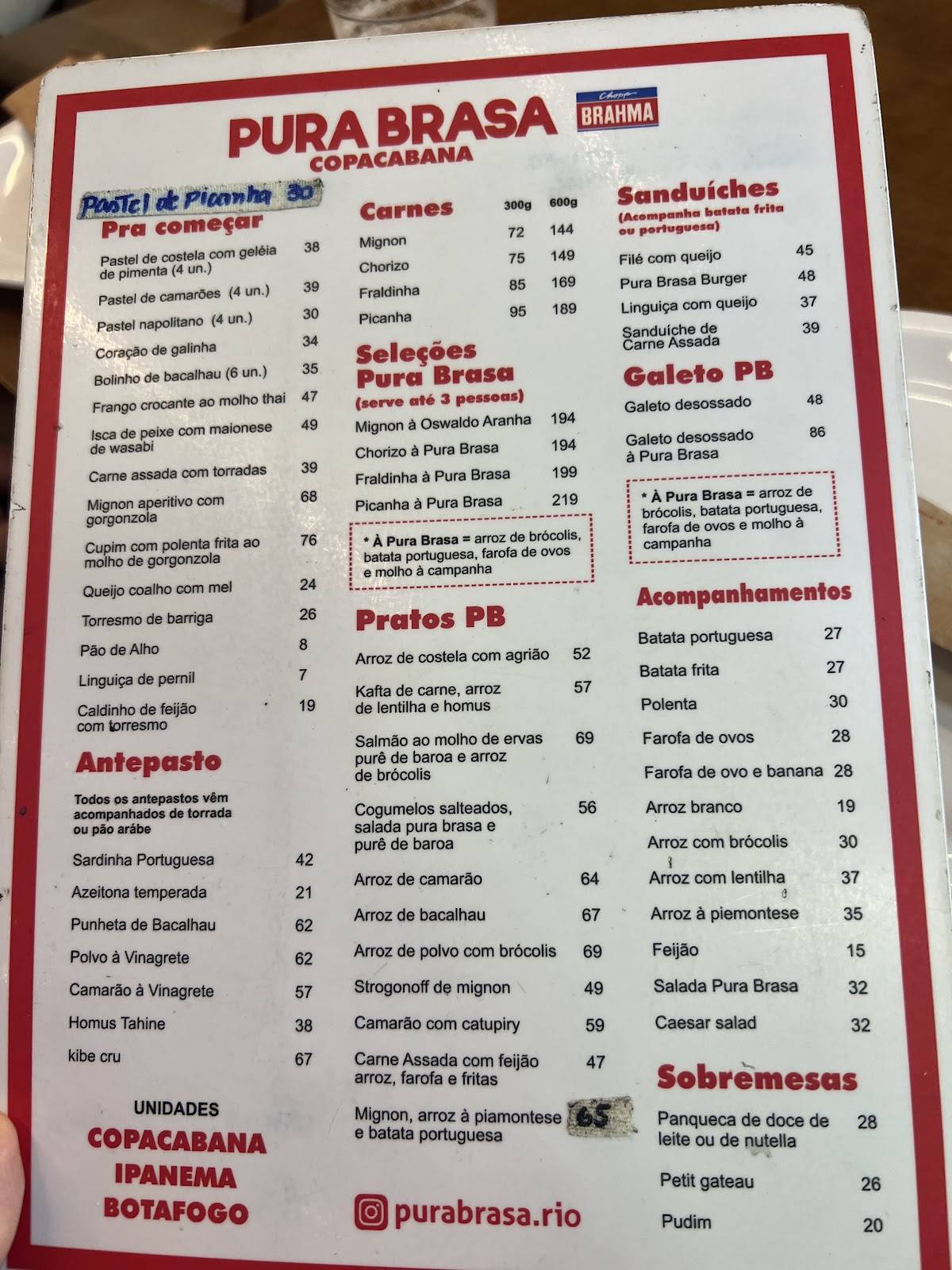 Pura Brasa (Copacabana) cardápio