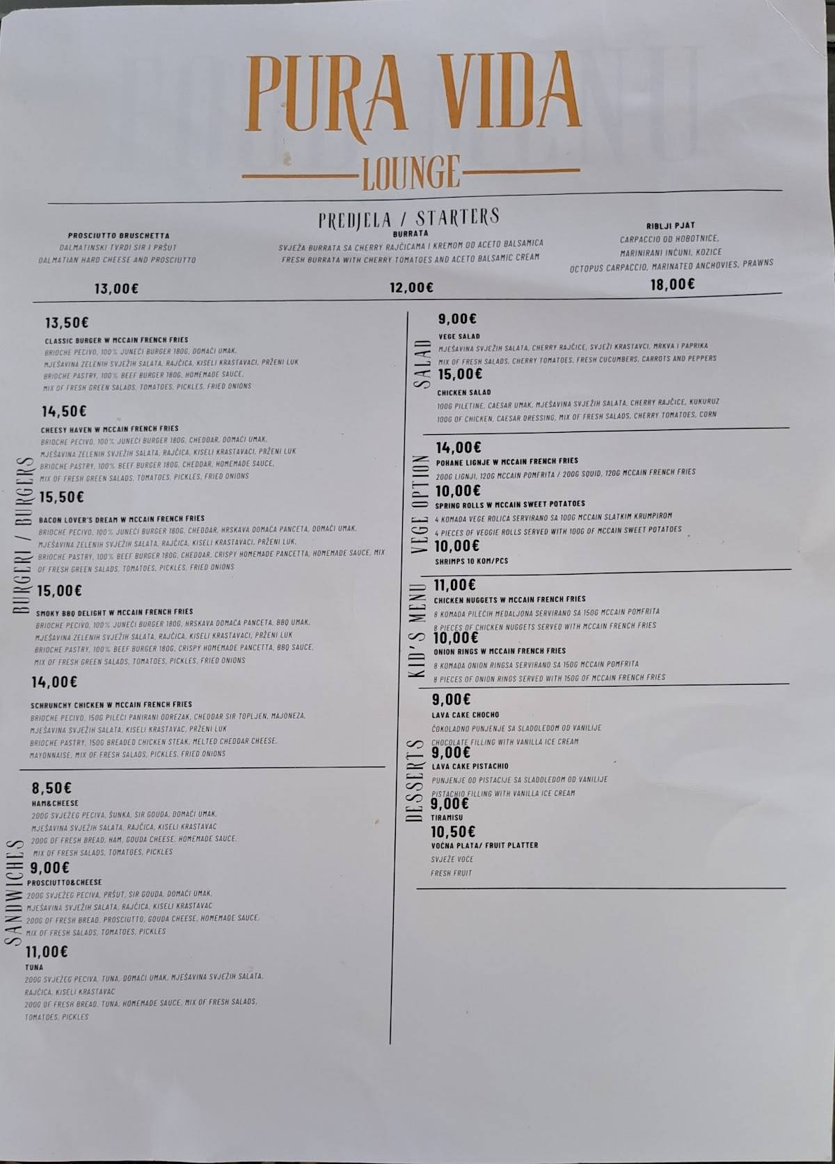 Menu di Pura Vida lounge & beach bar 