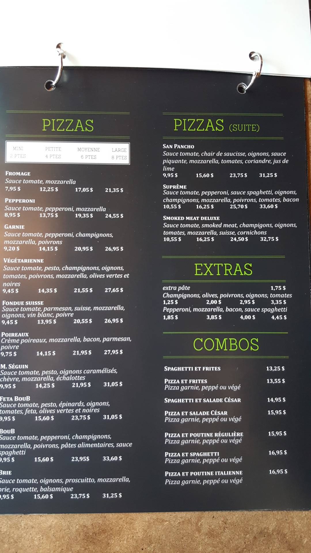 Menu at Chez Boub pizzeria, Québec City