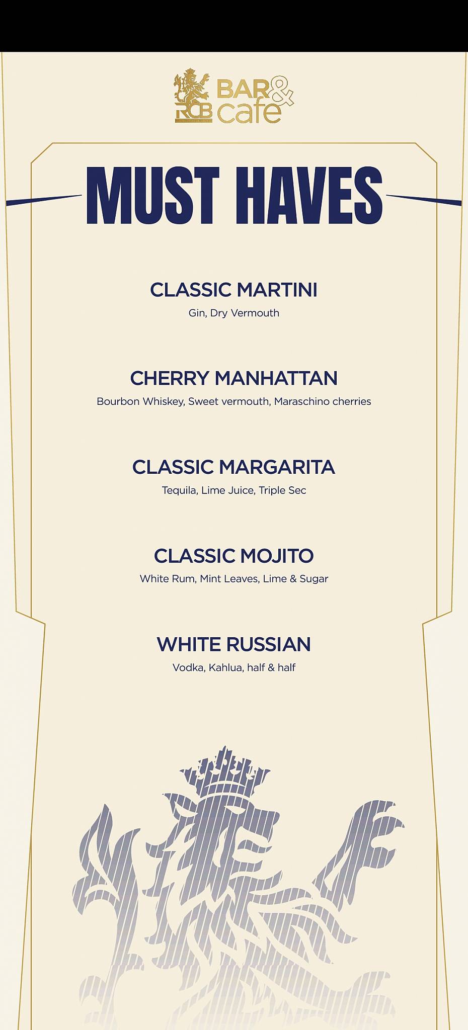 RCB Bar and Cafe menu