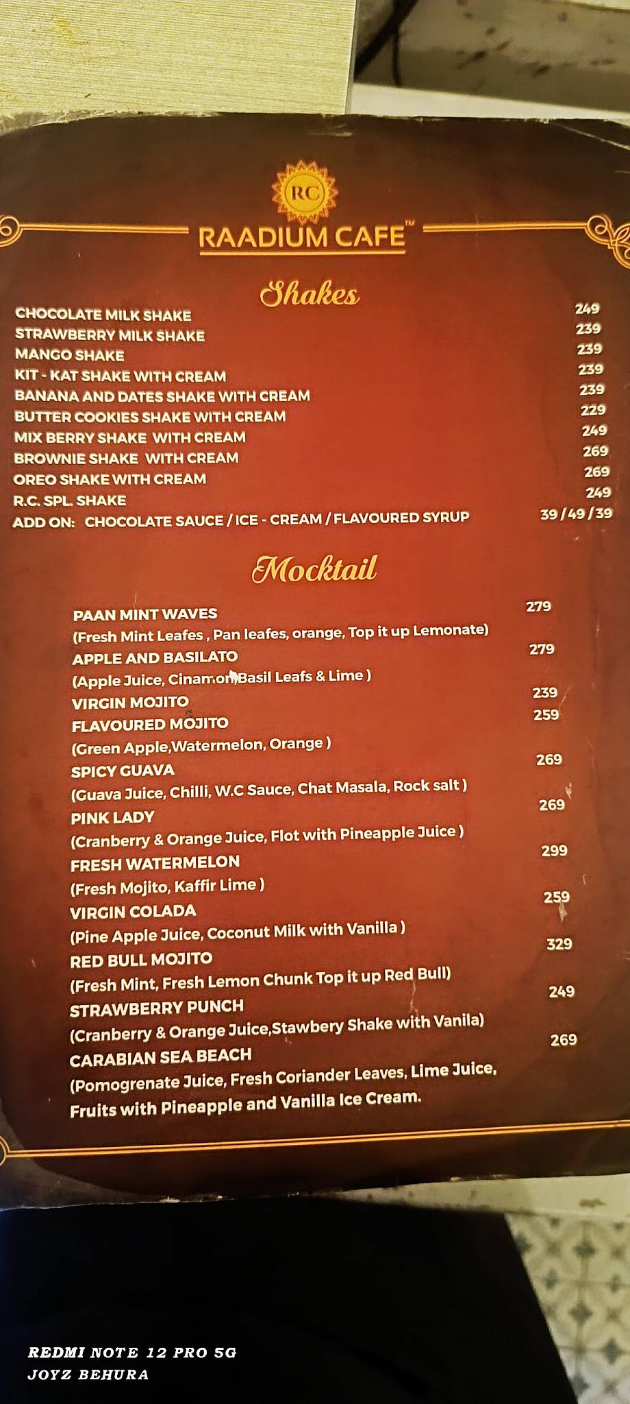 Raadium Cafe menu