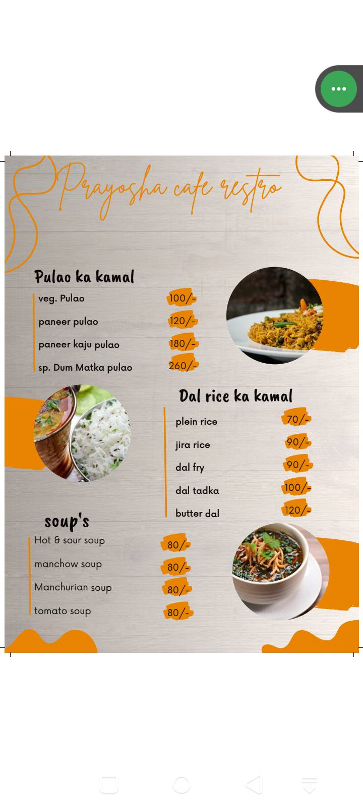 Prayosha food point menu