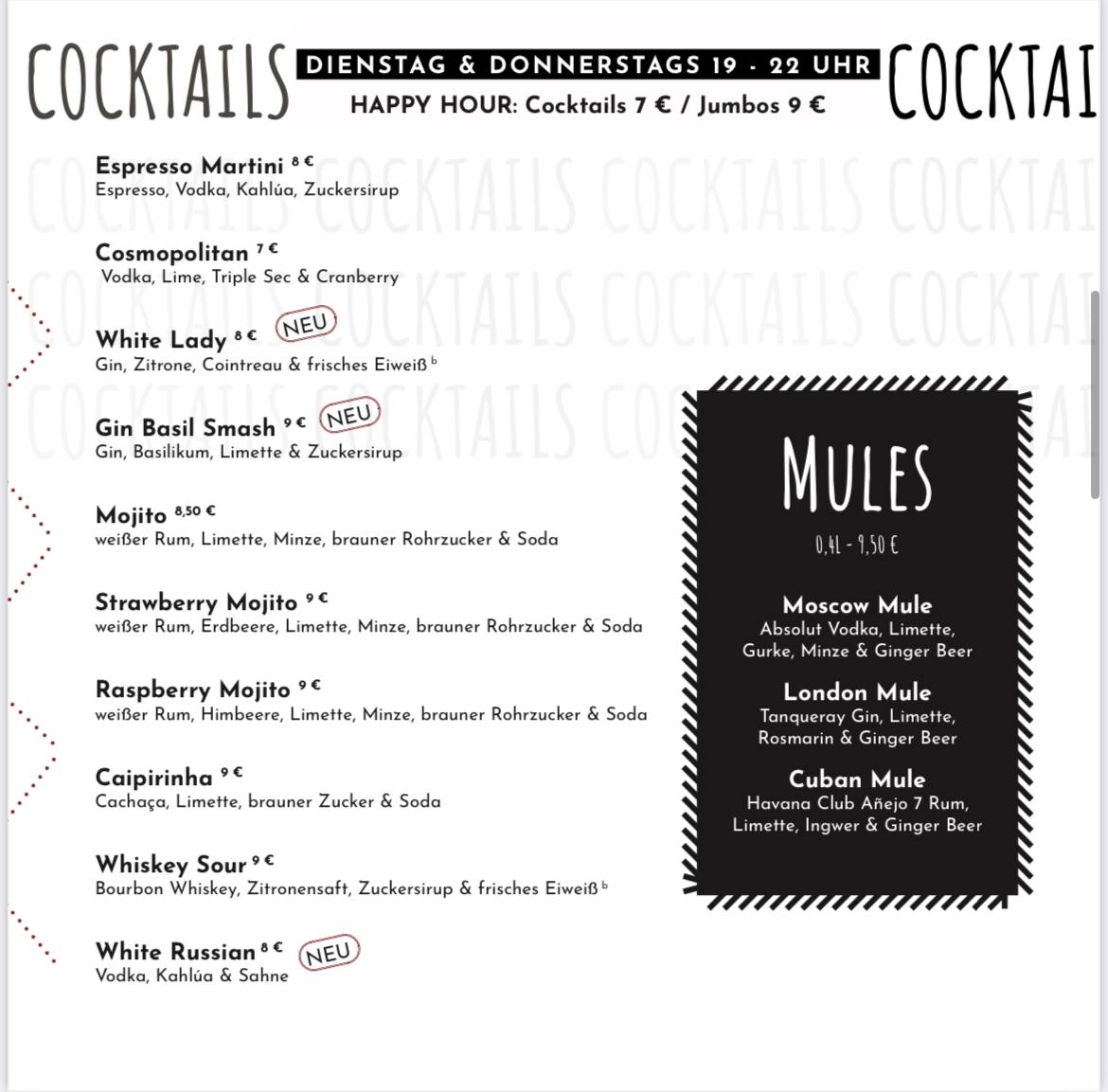 Menu de Black Pearl Shisha & Cocktail Lounge