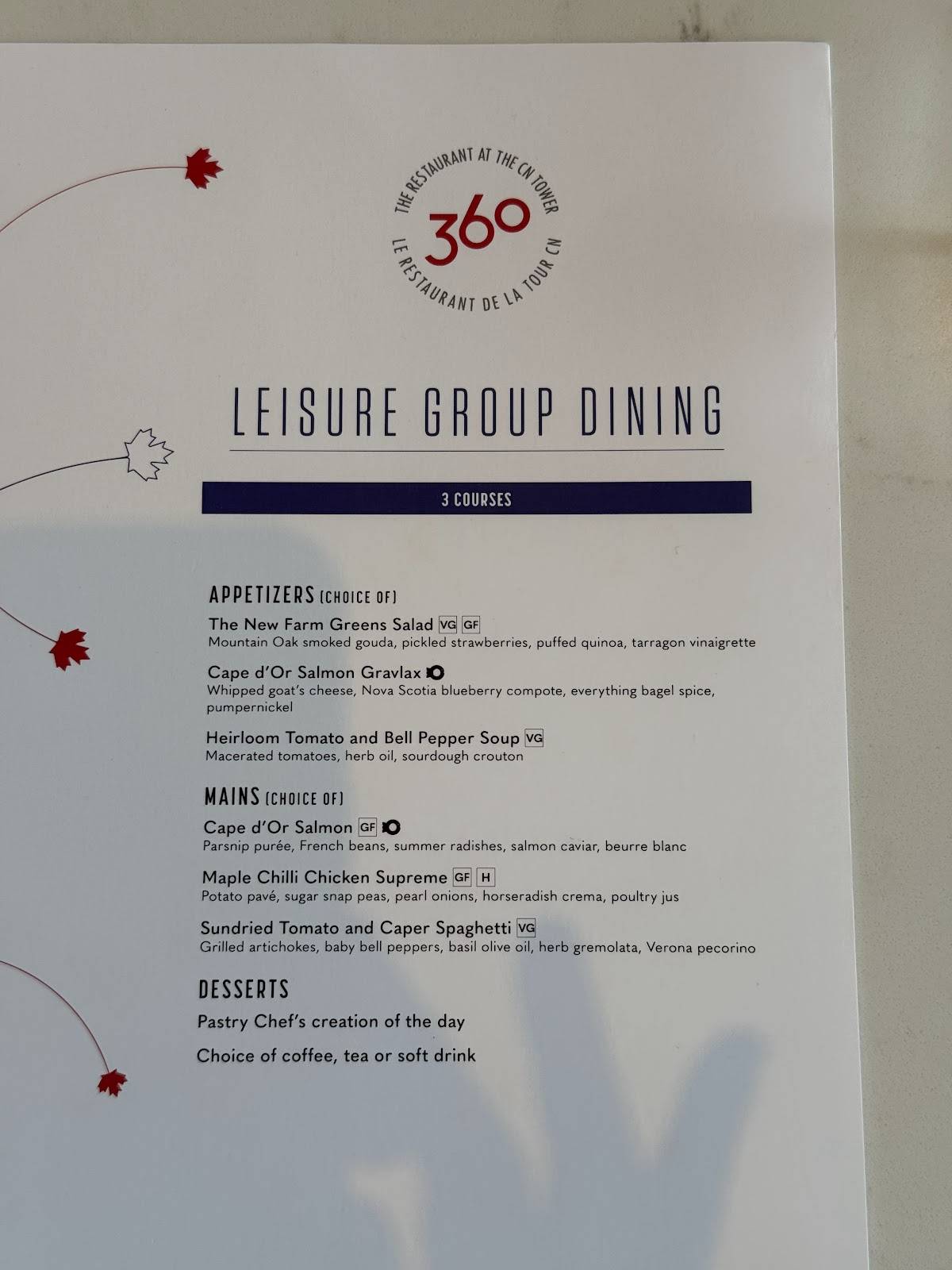 Menu de Restaurant 360 de la Tour CN