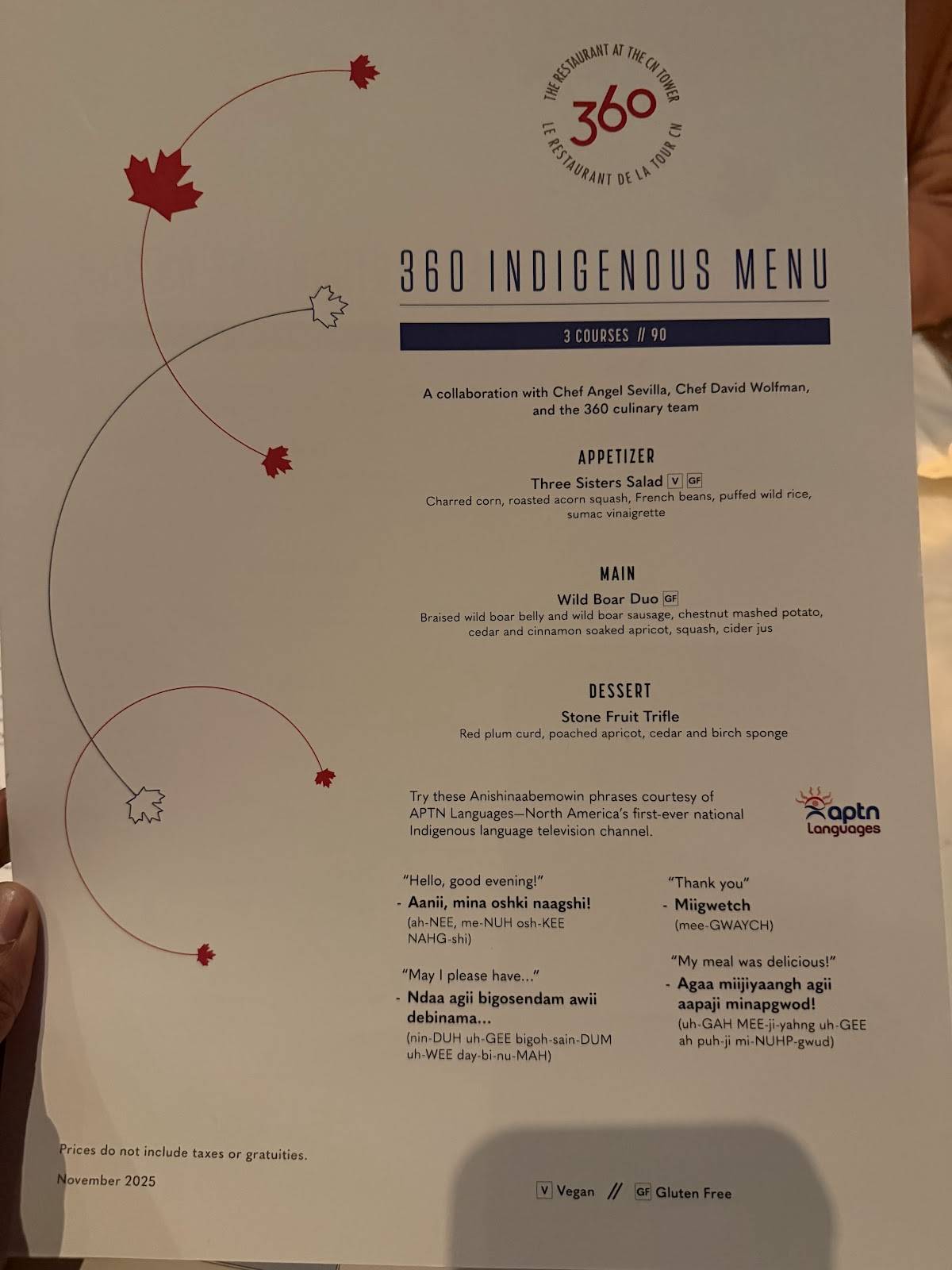 Menu de Restaurant 360 de la Tour CN
