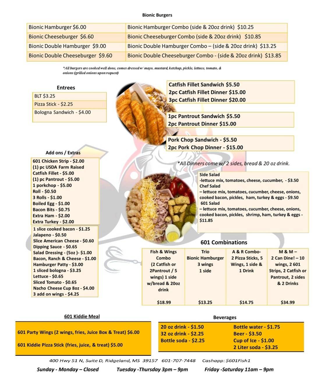 Menu at 601 Fish & Wings Express LLC restaurant, Ridgeland