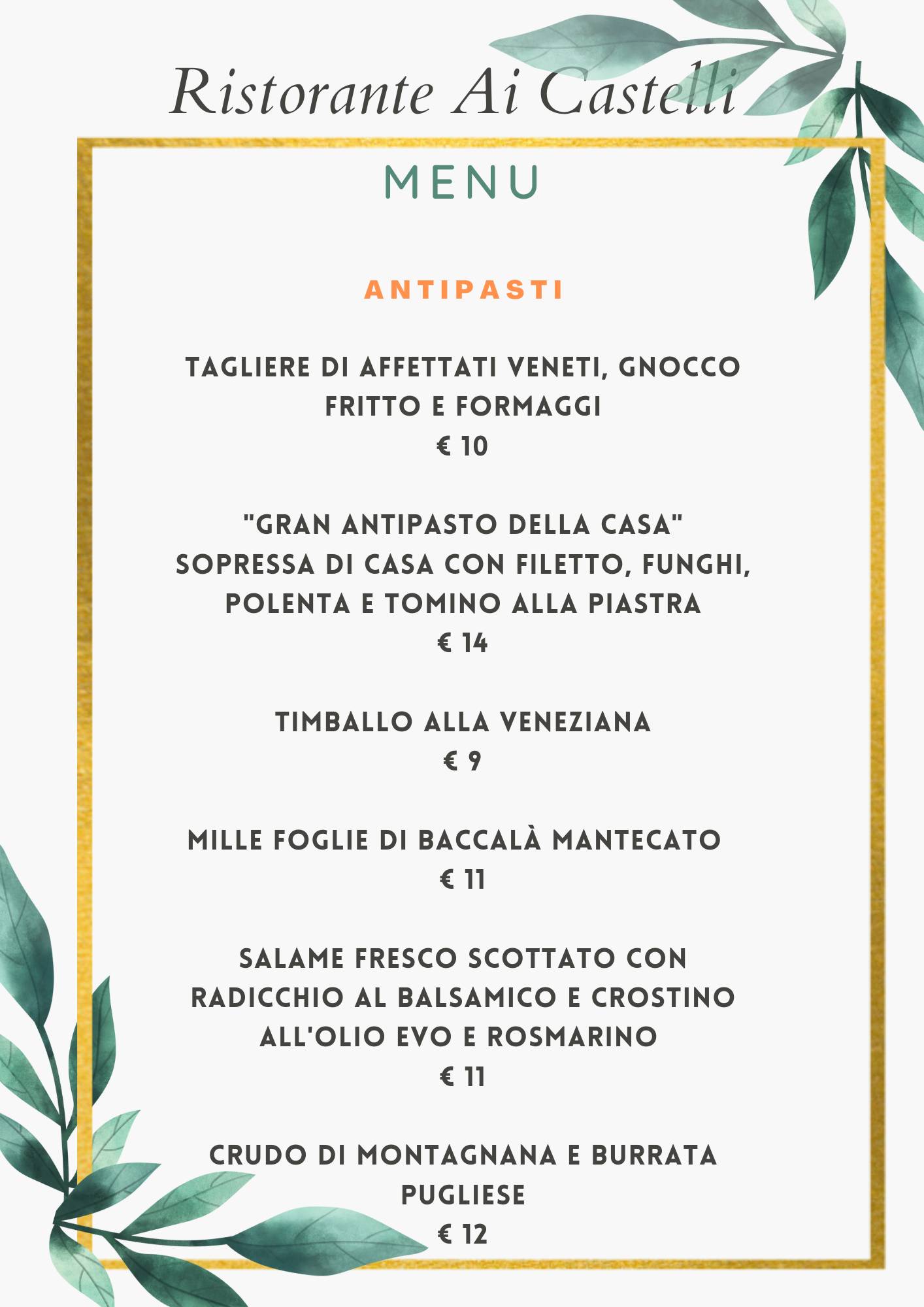Menu di Ai Castelli - Matrimoni sui Colli Euganei 