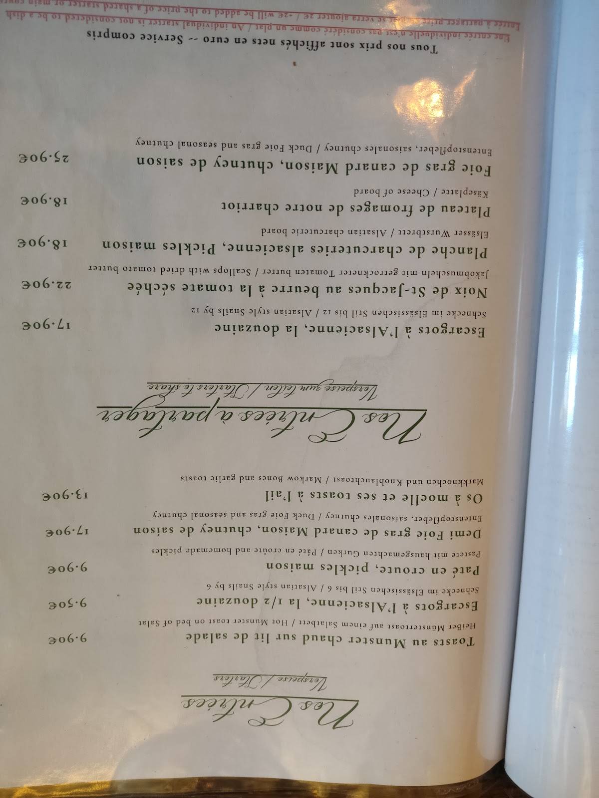 Menu de Aux Armes de Colmar