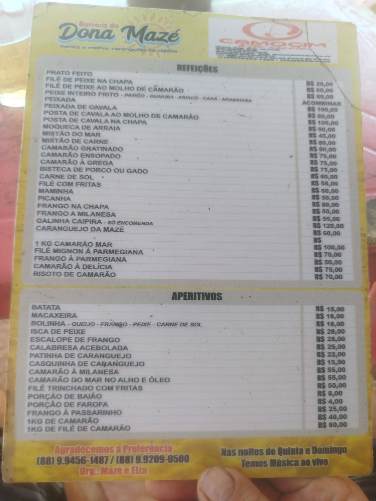 Barraca Da Dona Mazé cardápio