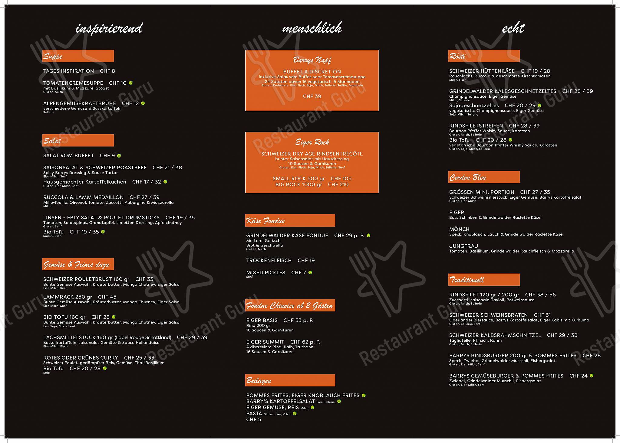 Boronia Catering Menu Pack per Barrys Restaurant, Bar & Lounge in Grindelwald