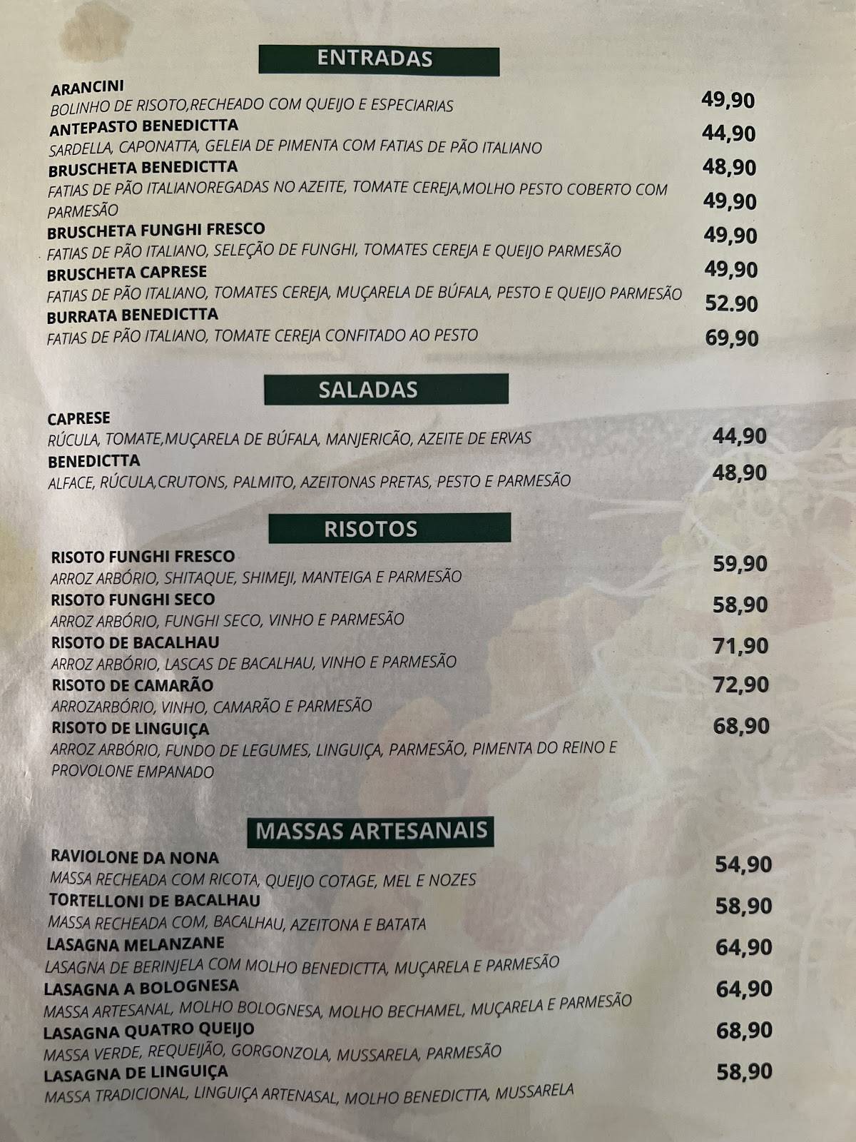 Benedictta osteria cardápio