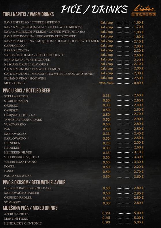 Menu di Bistro Stadion 