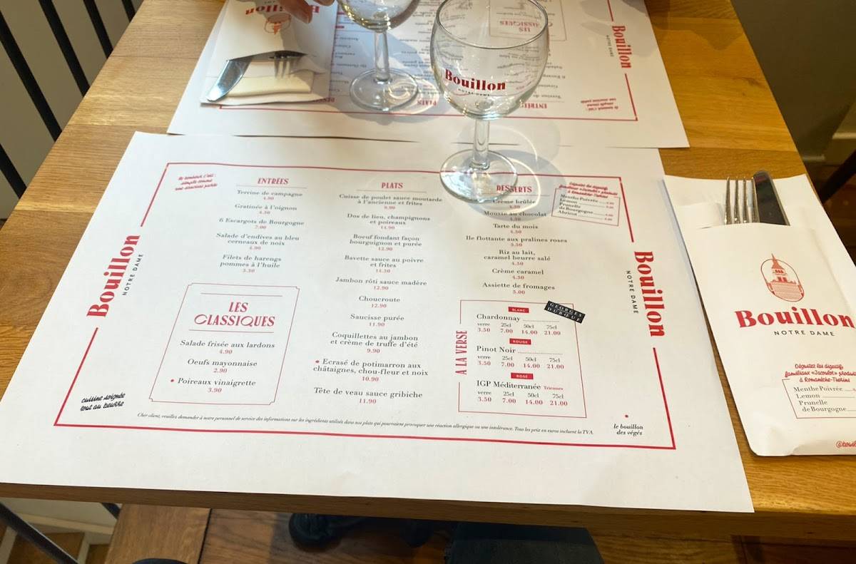 Menu au Bouillon Notre Dame restaurant, Dijon