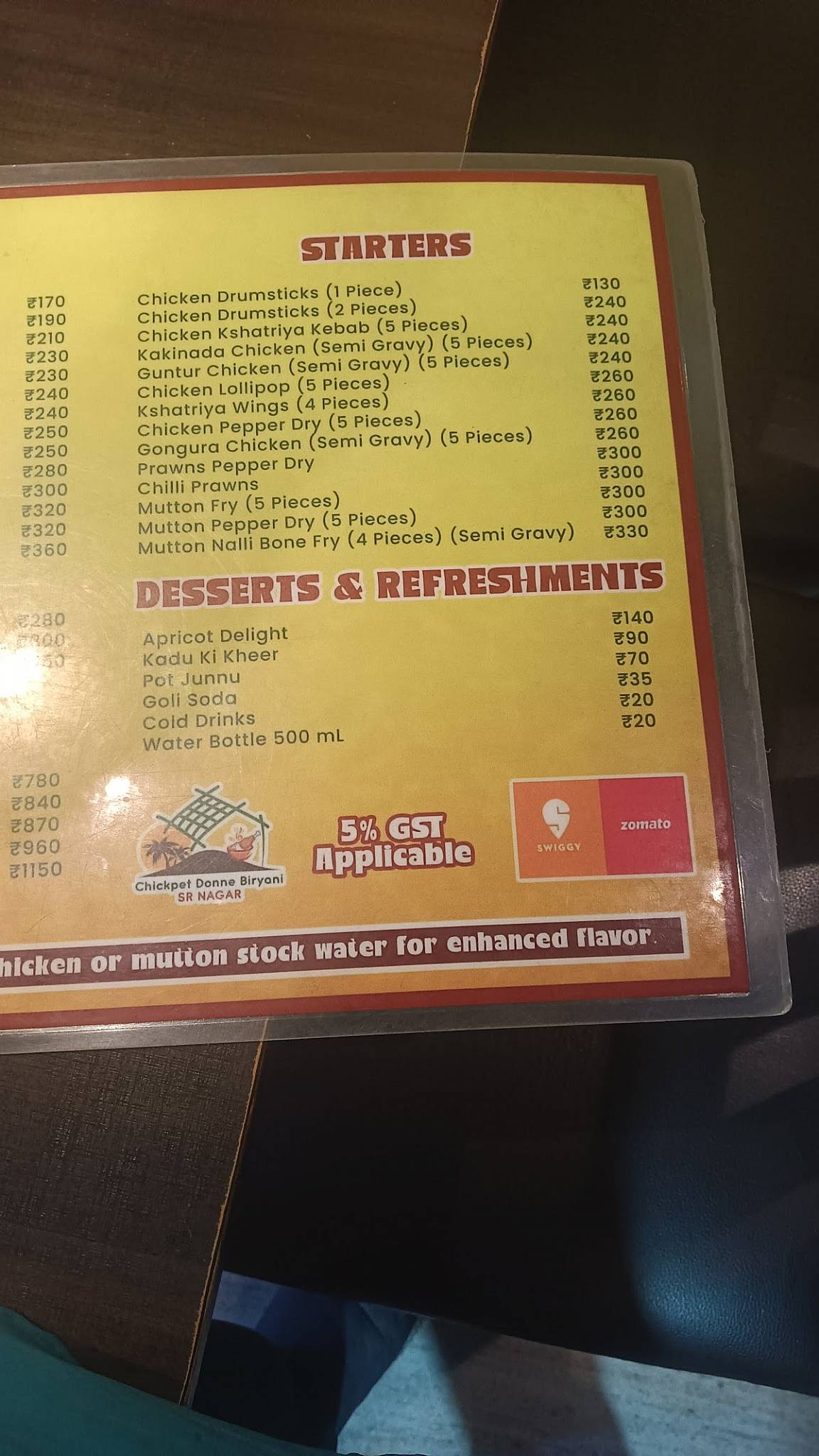 CHICKPET DONNE BIRYANI, SR NAGAR menu