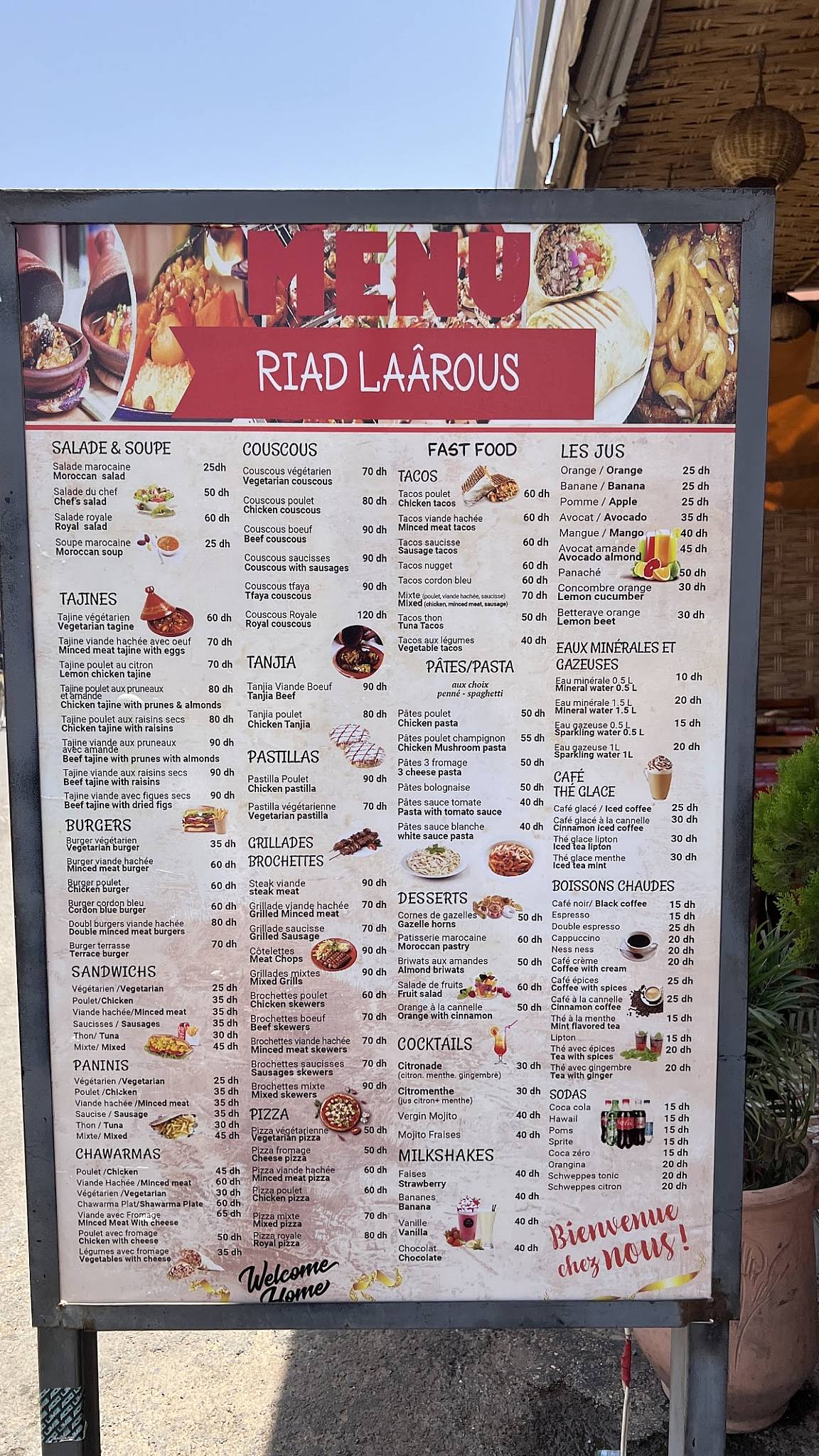 Menu de Café snack Riad Laarous