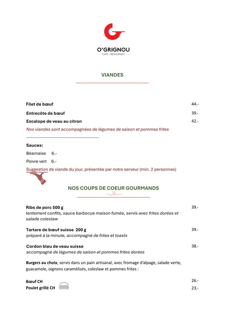 Menu de Café-restaurant O'Grignou