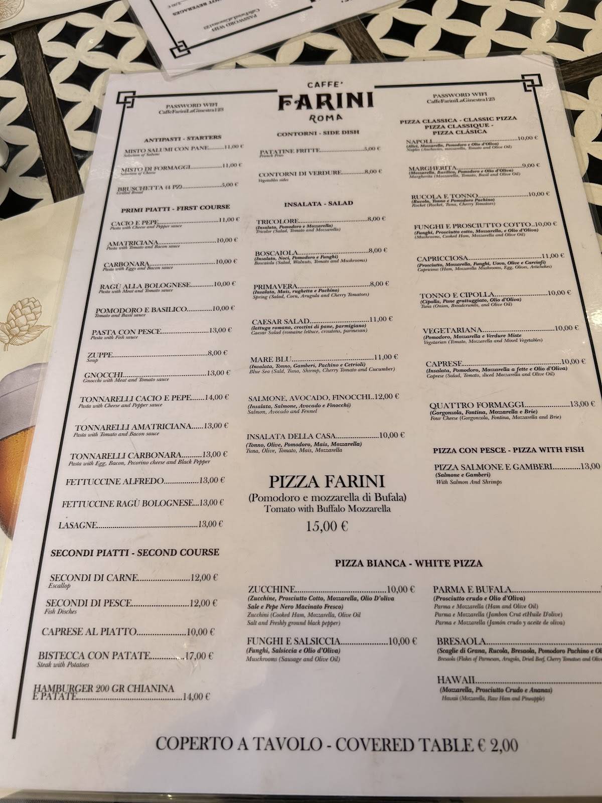 Menu di Caffè Farini 