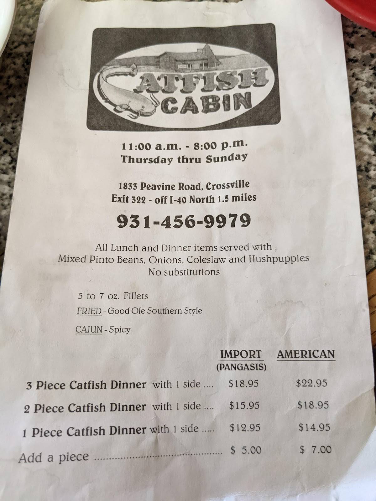 Menu at Catfish Cabin restaurant, Crossville, Peavine Rd