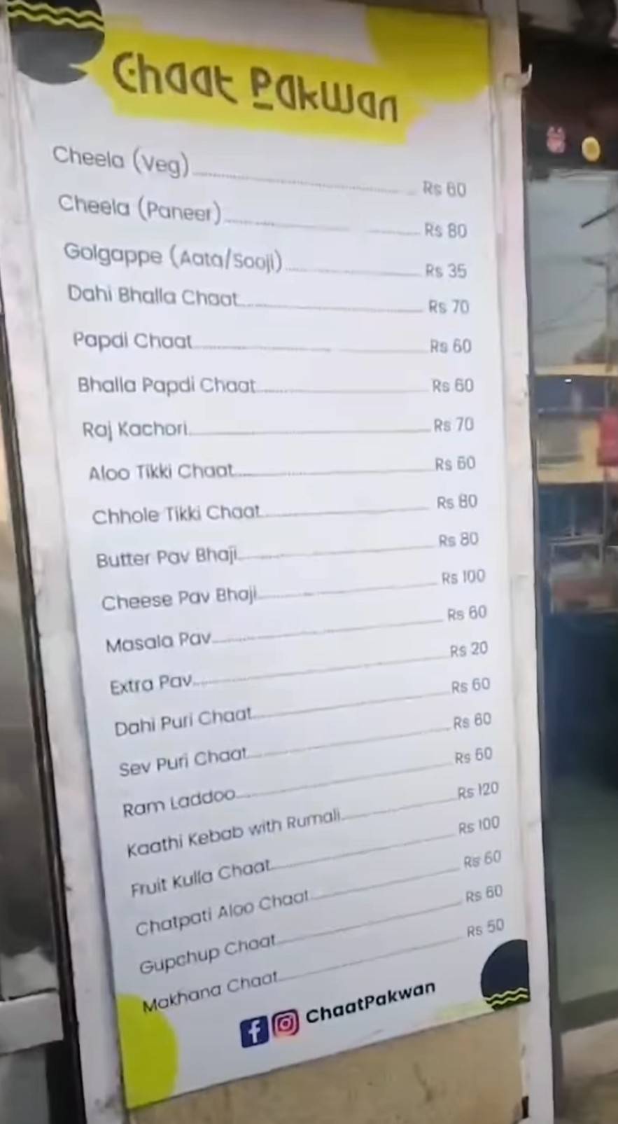 Chaat pacwan menu