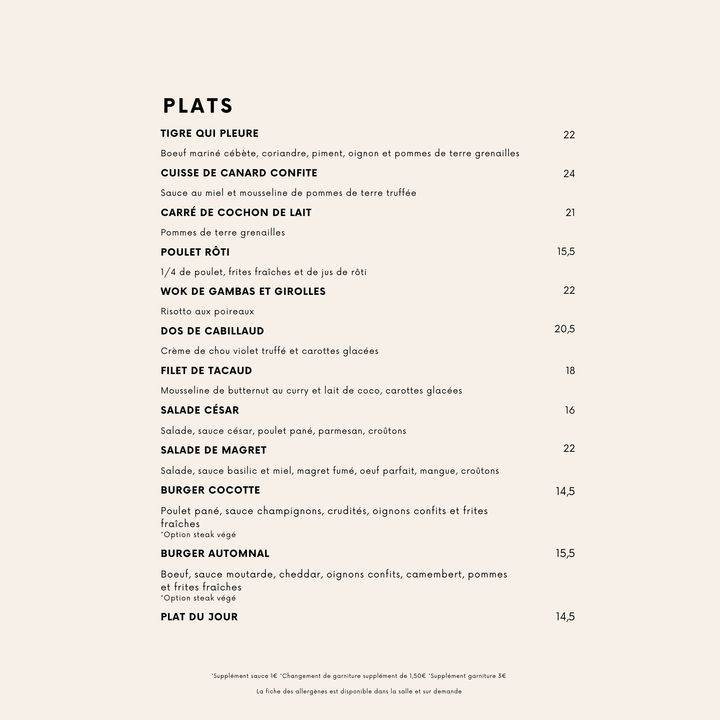 Menu de Restaurant Cocorico