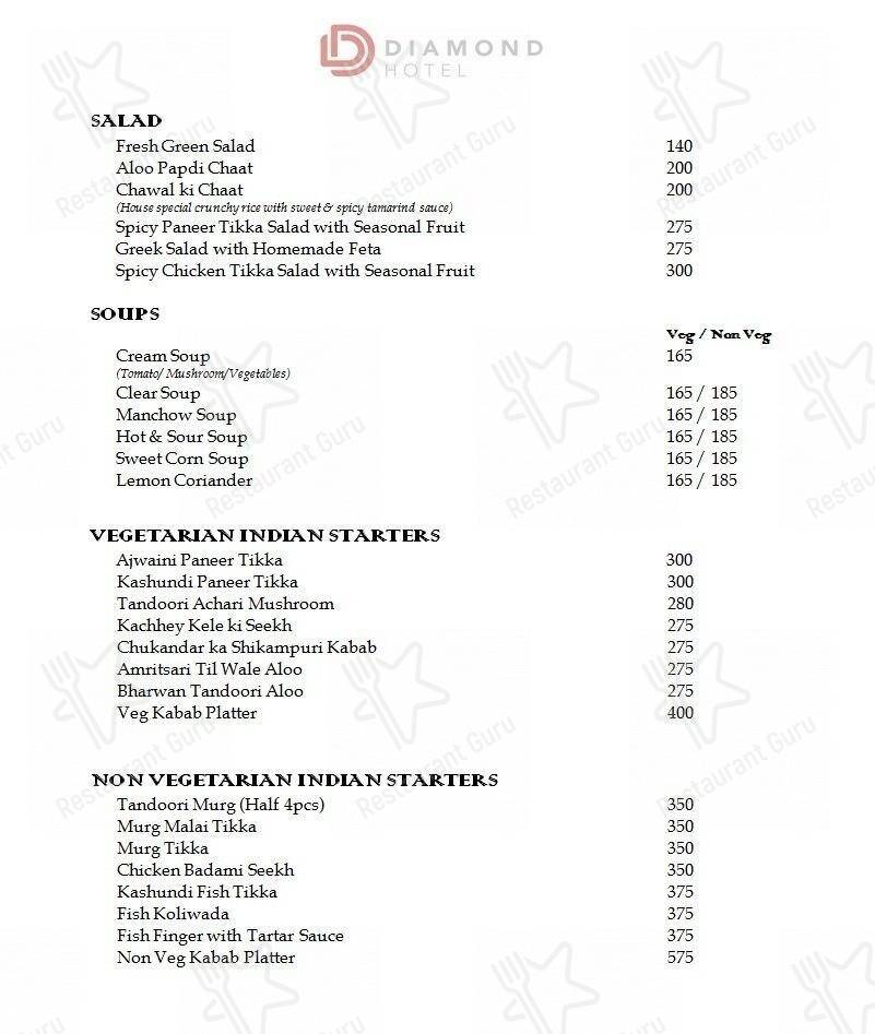 Diamond Hotel menu