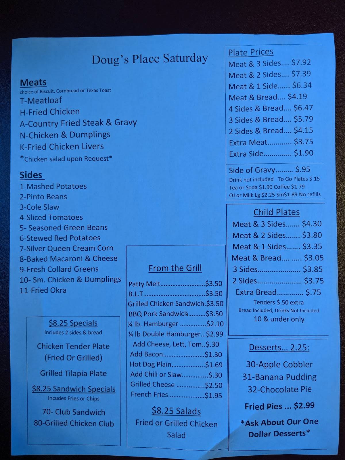 Menu at Doug's Place restaurant, Emerson, 696 GA293