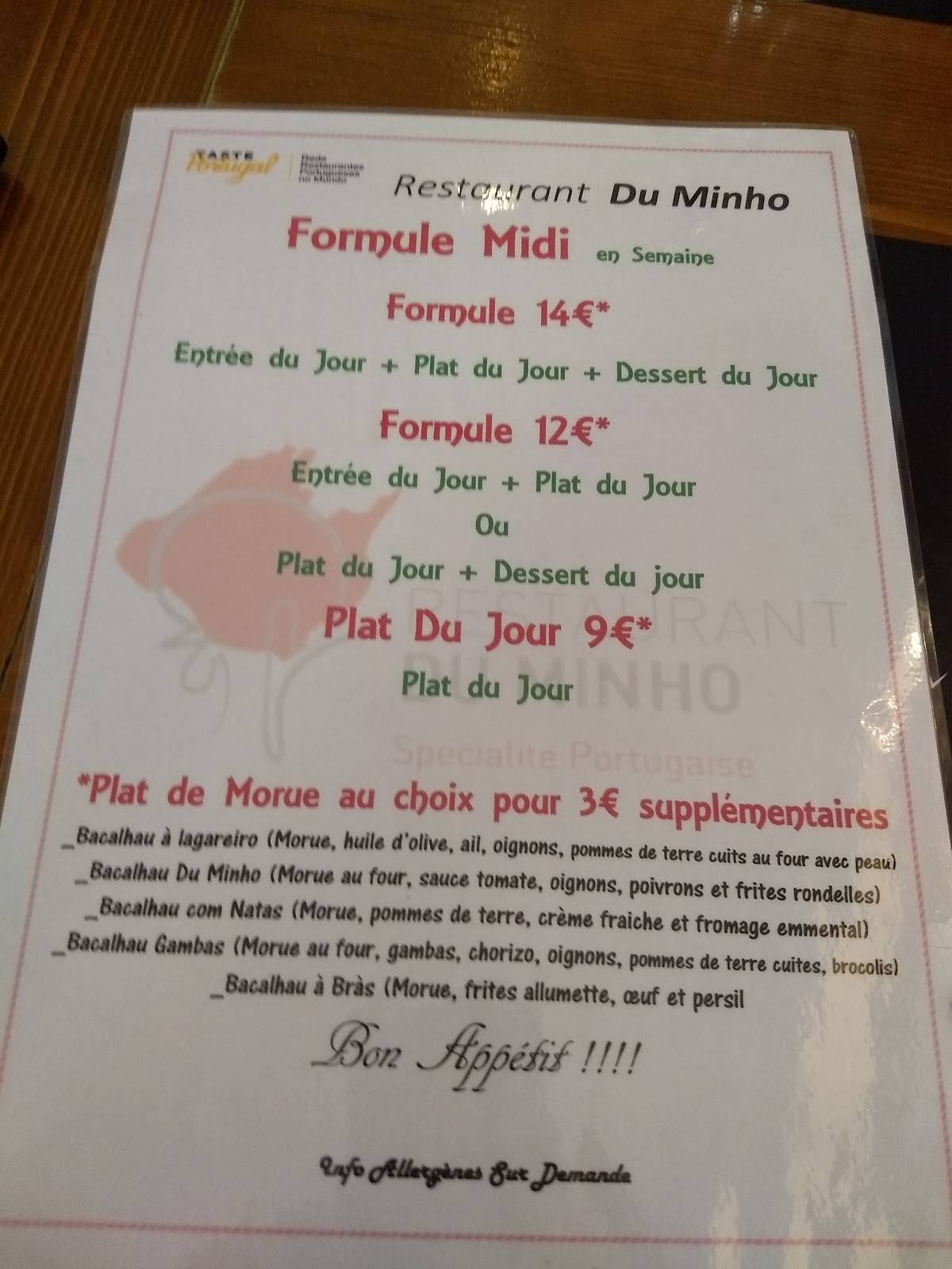 Menu au Restaurant du Minho, Saint-Étienne