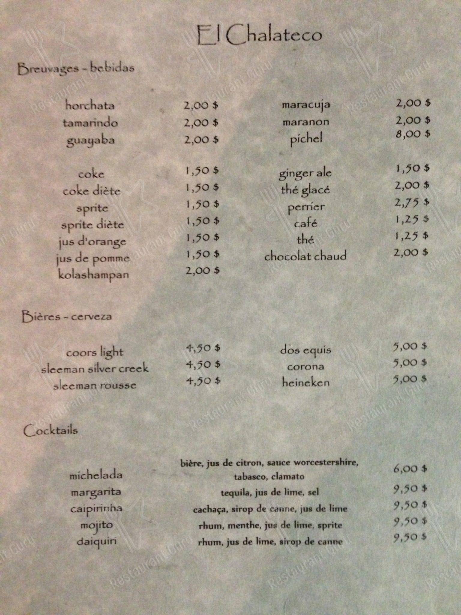 Menu de Restaurant El Chalateco