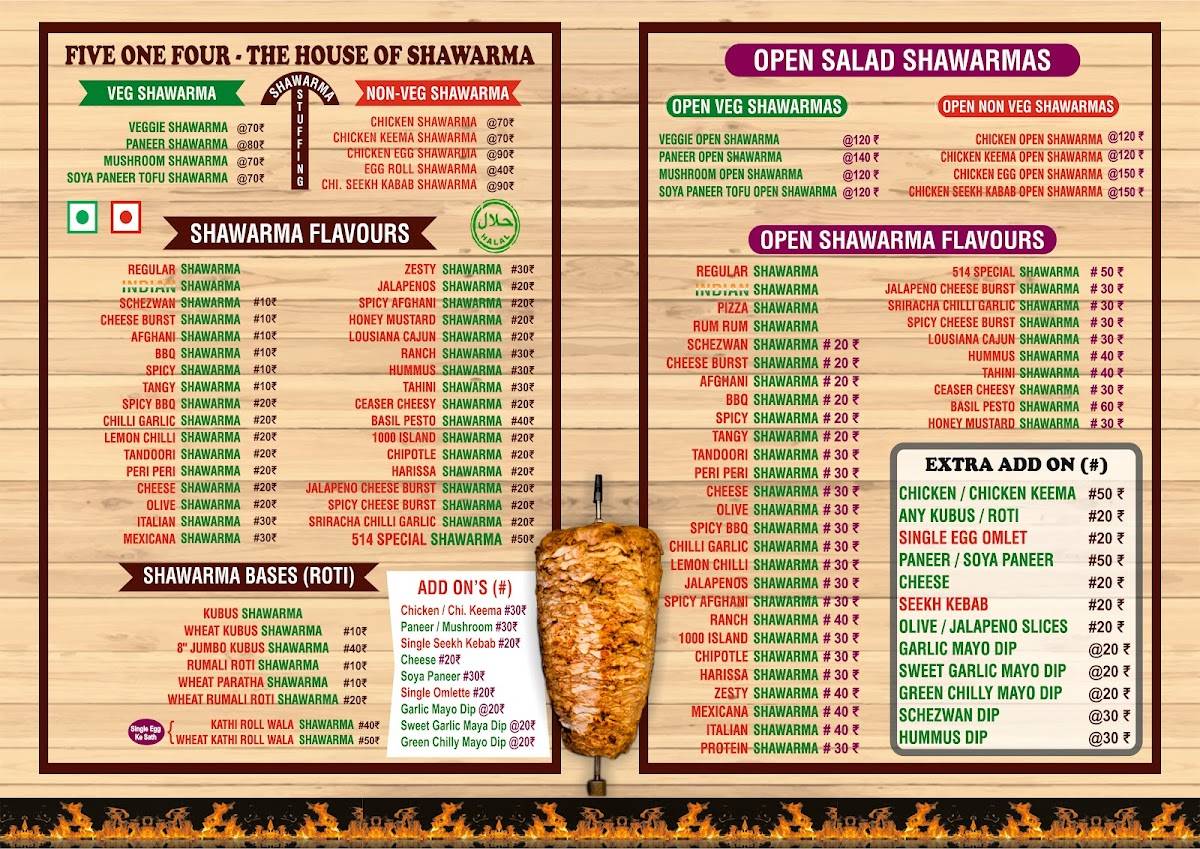 FIVE ONE FOUR - The House of Shawarma menu