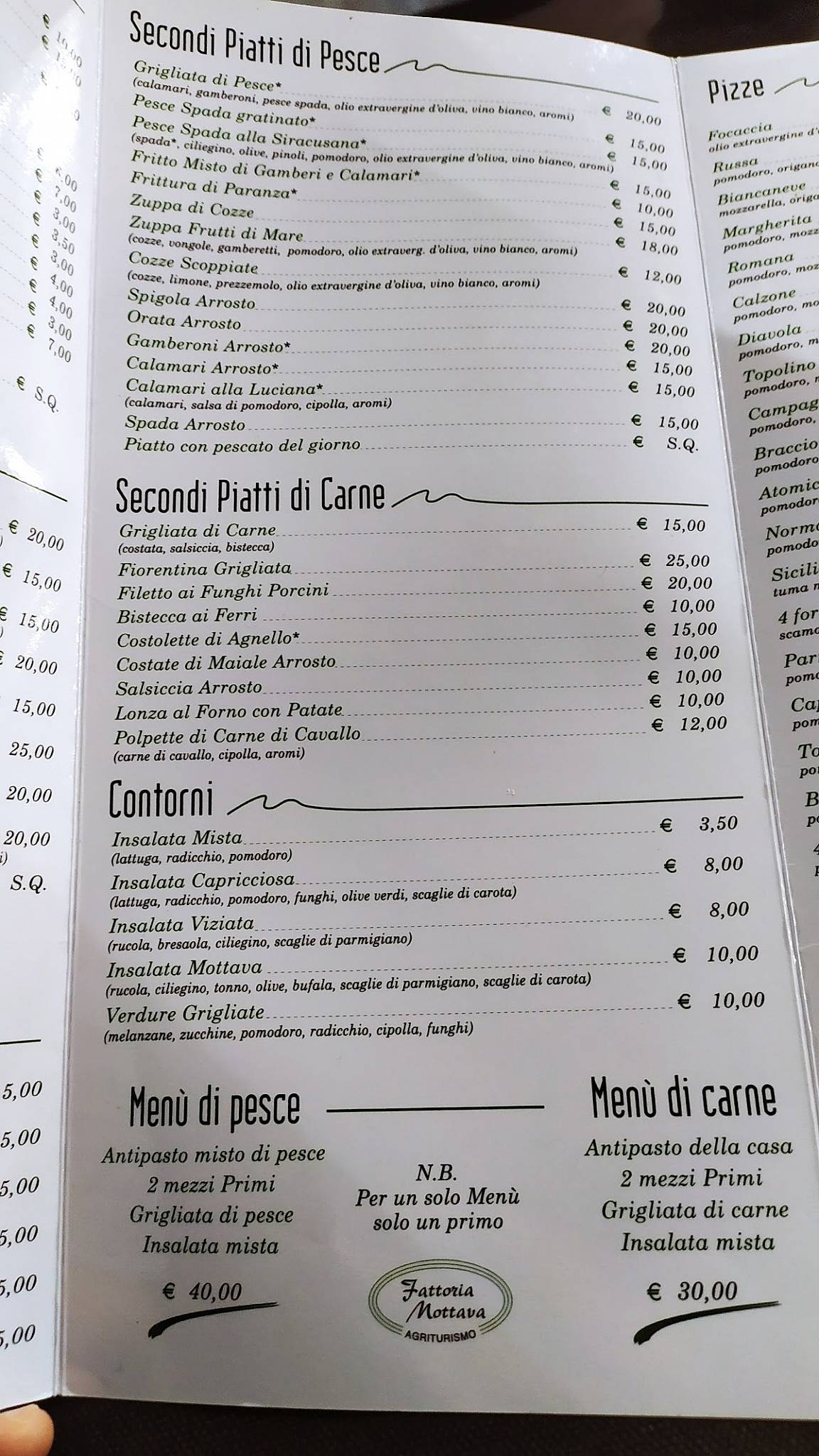 Menu di Fattoria Mottava 