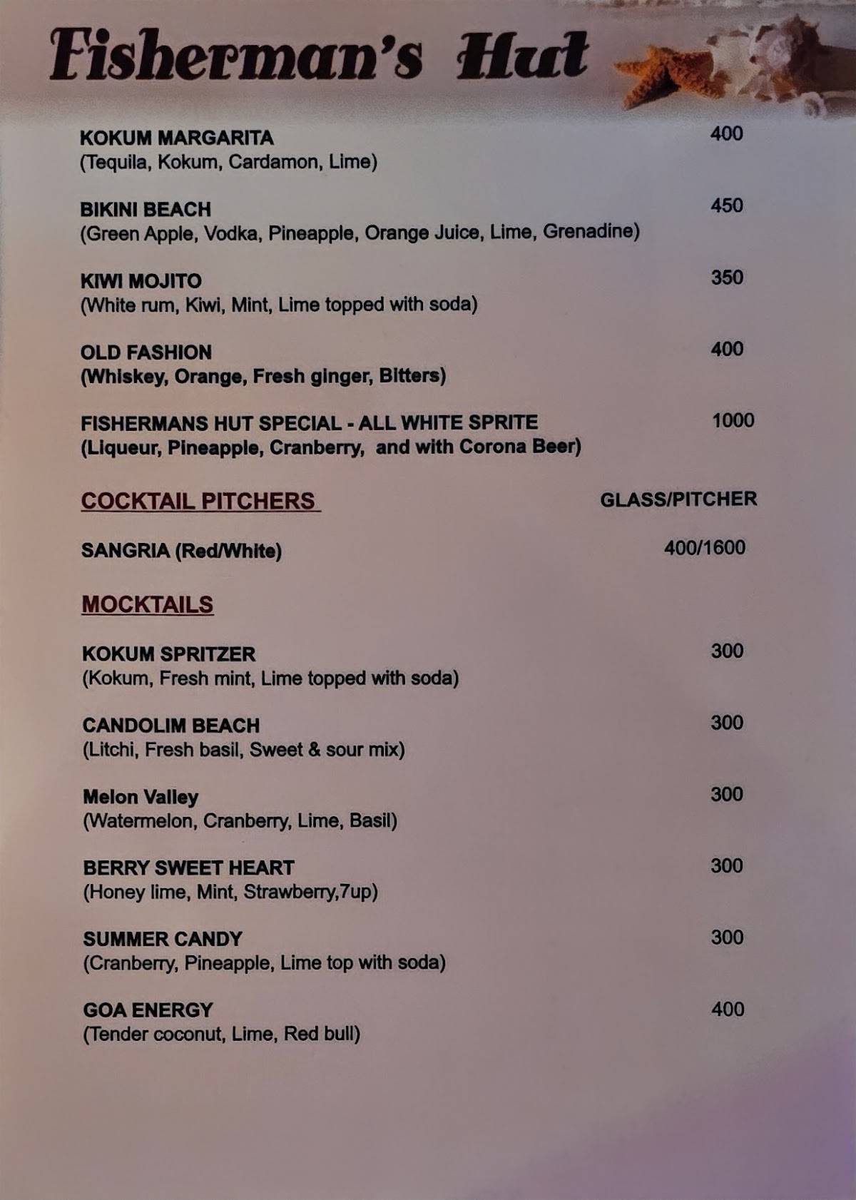 Fisherman's Beach Shack Restaurant Candolim Goa menu