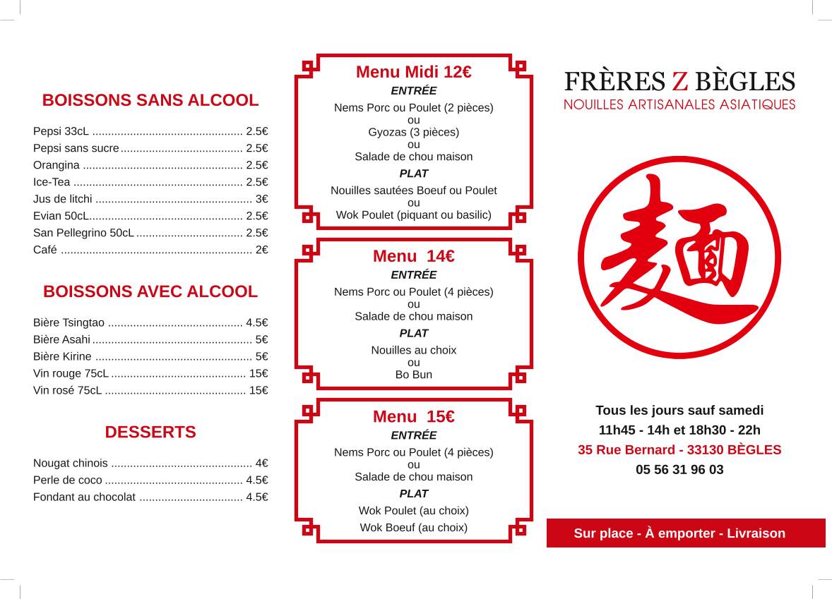 Menu de Frères Z Bègles