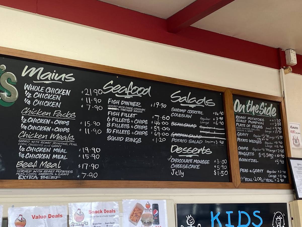 Menu at Gerry’s Charcoal Chicken restaurant, Upper Hutt