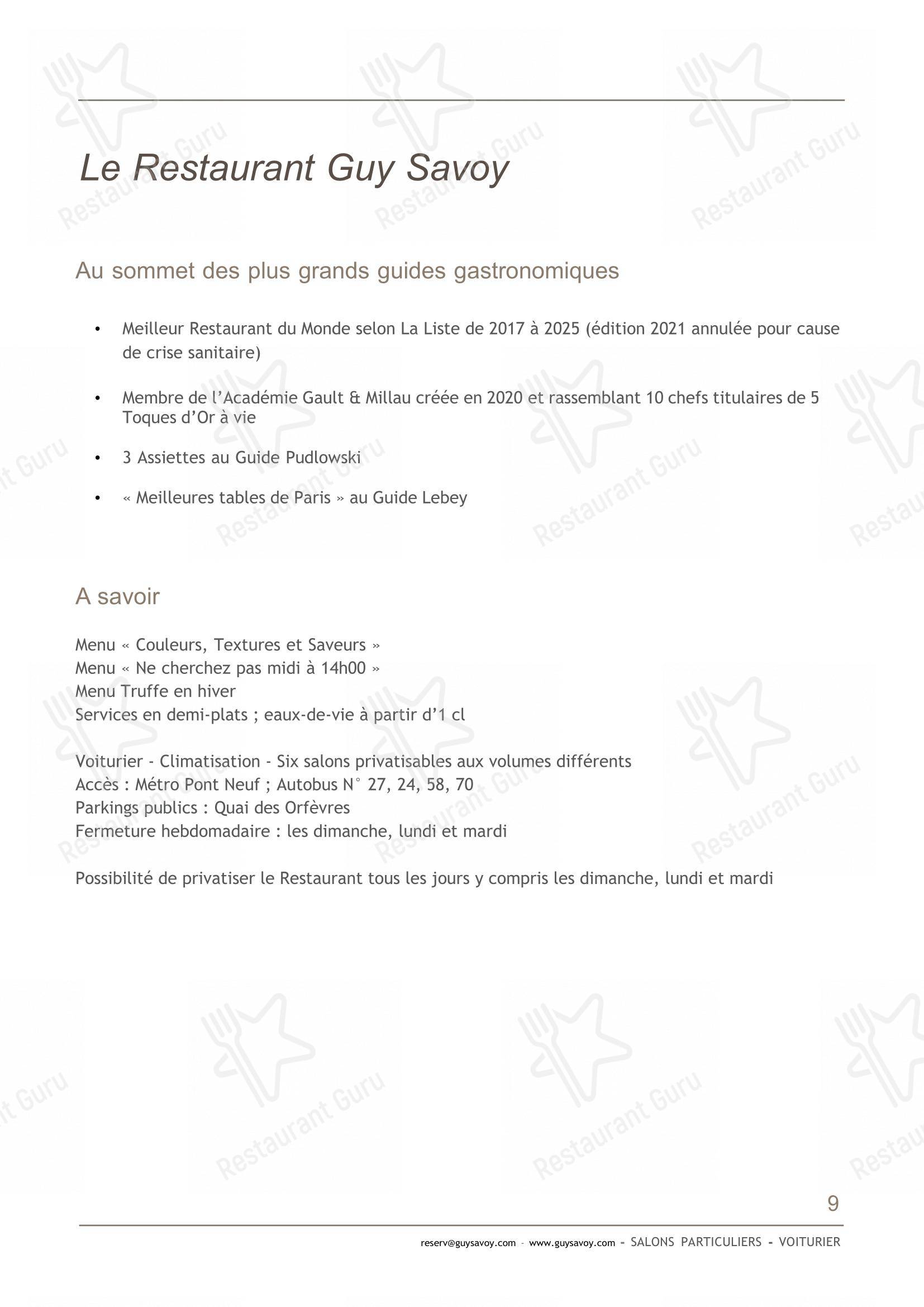 Menu au Restaurant Guy Savoy, Paris, 11 Quai de Conti Monnaie de Paris