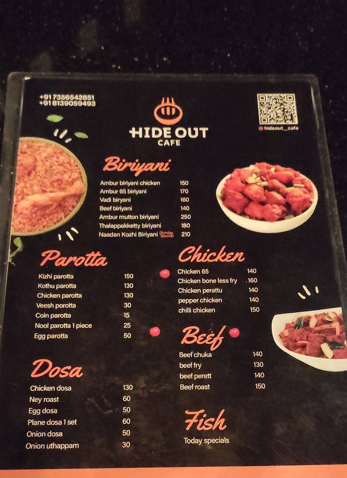 Hide Out Cafe menu