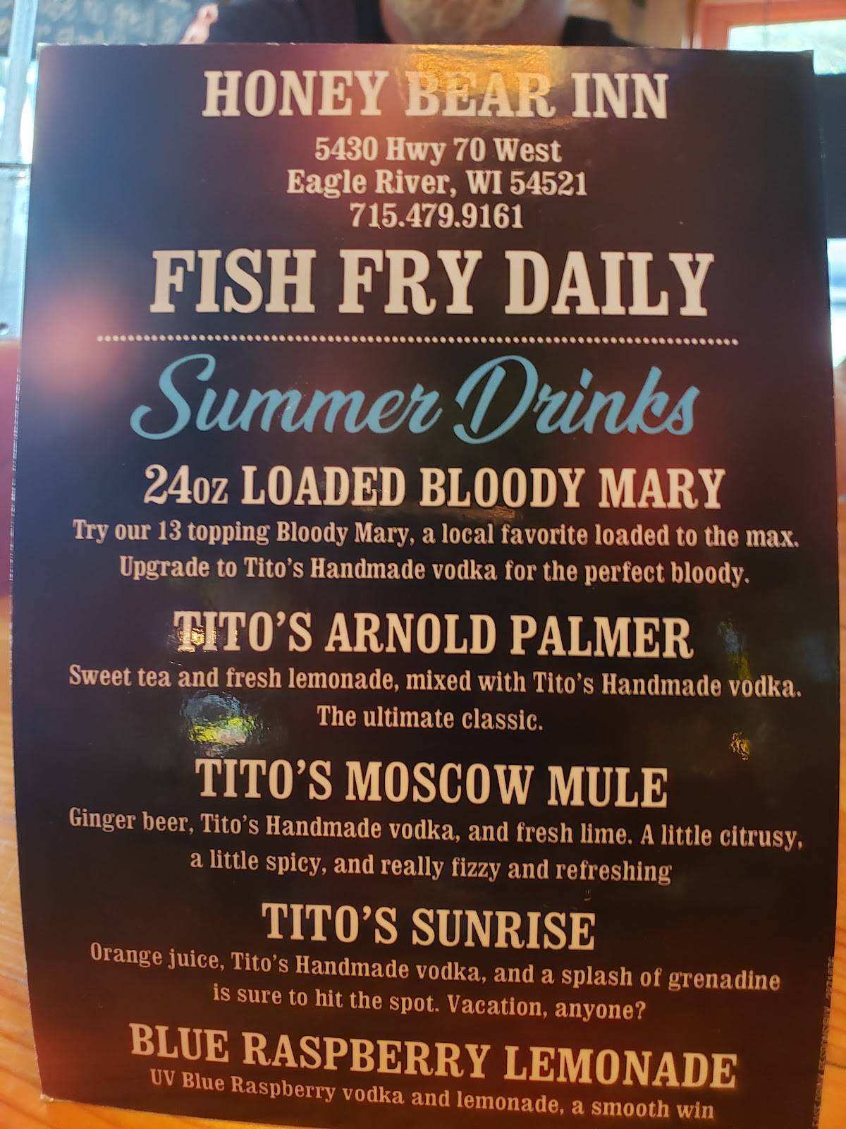 Menu at Honey Bear restaurant, Eagle River, WI70