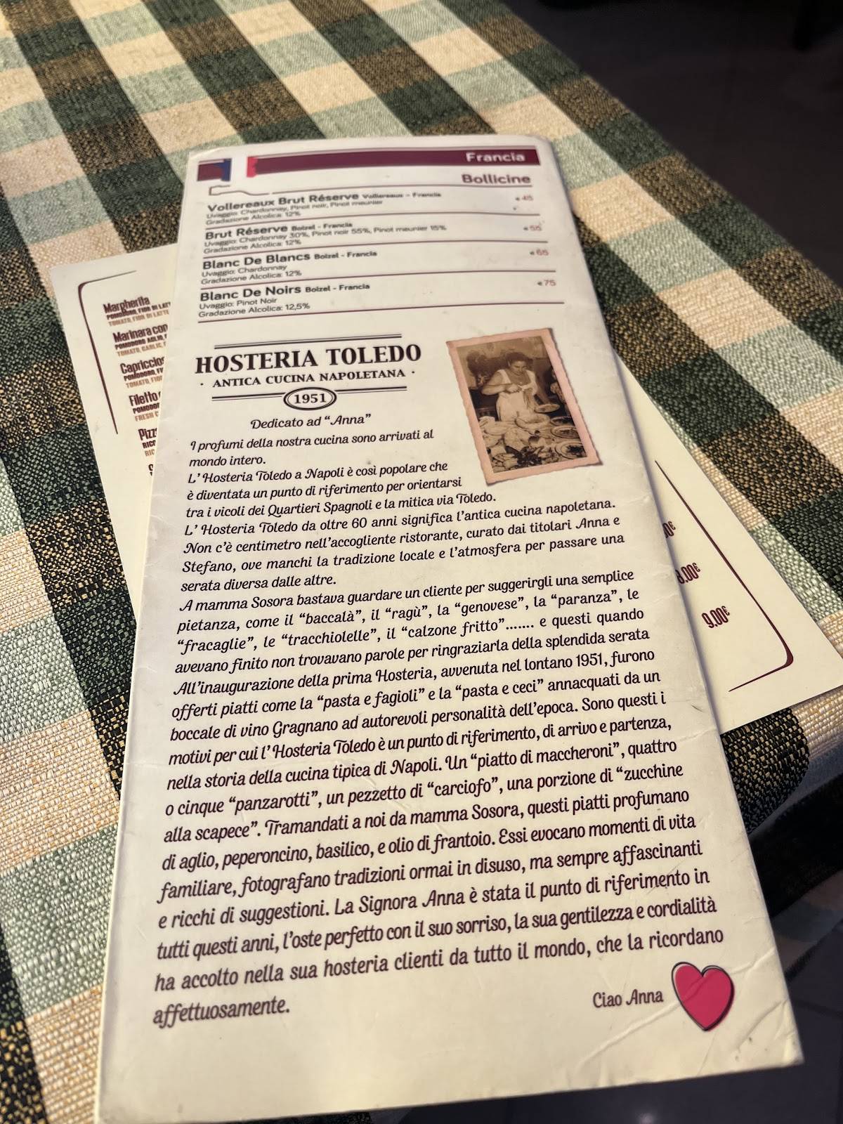 Menu di Hosteria Toledo 1951 