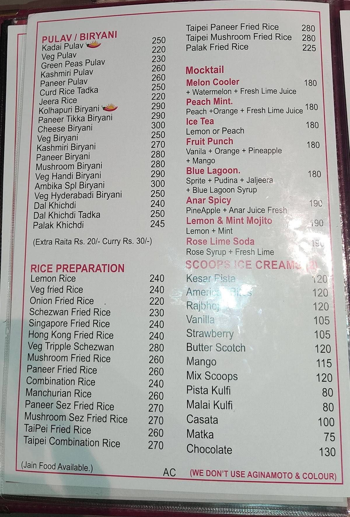 Hotel Ambika NX Pure Veg menu