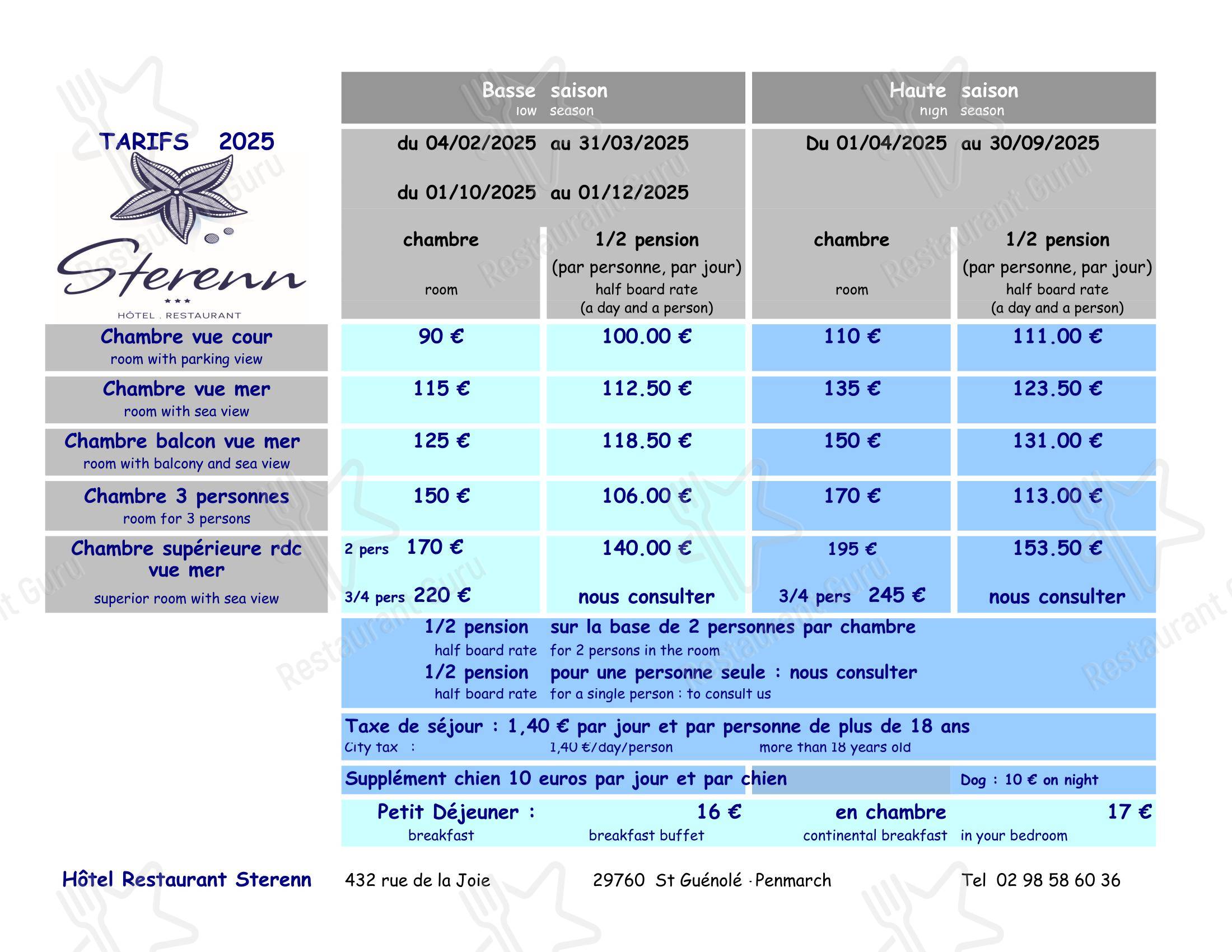 Menu pour Le sterenn - Menu
