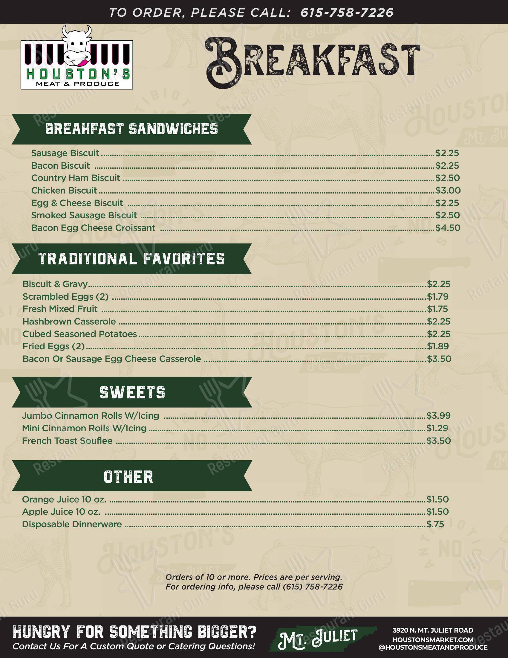 Menu at Houstons Meat Market restaurant, Mount Juliet