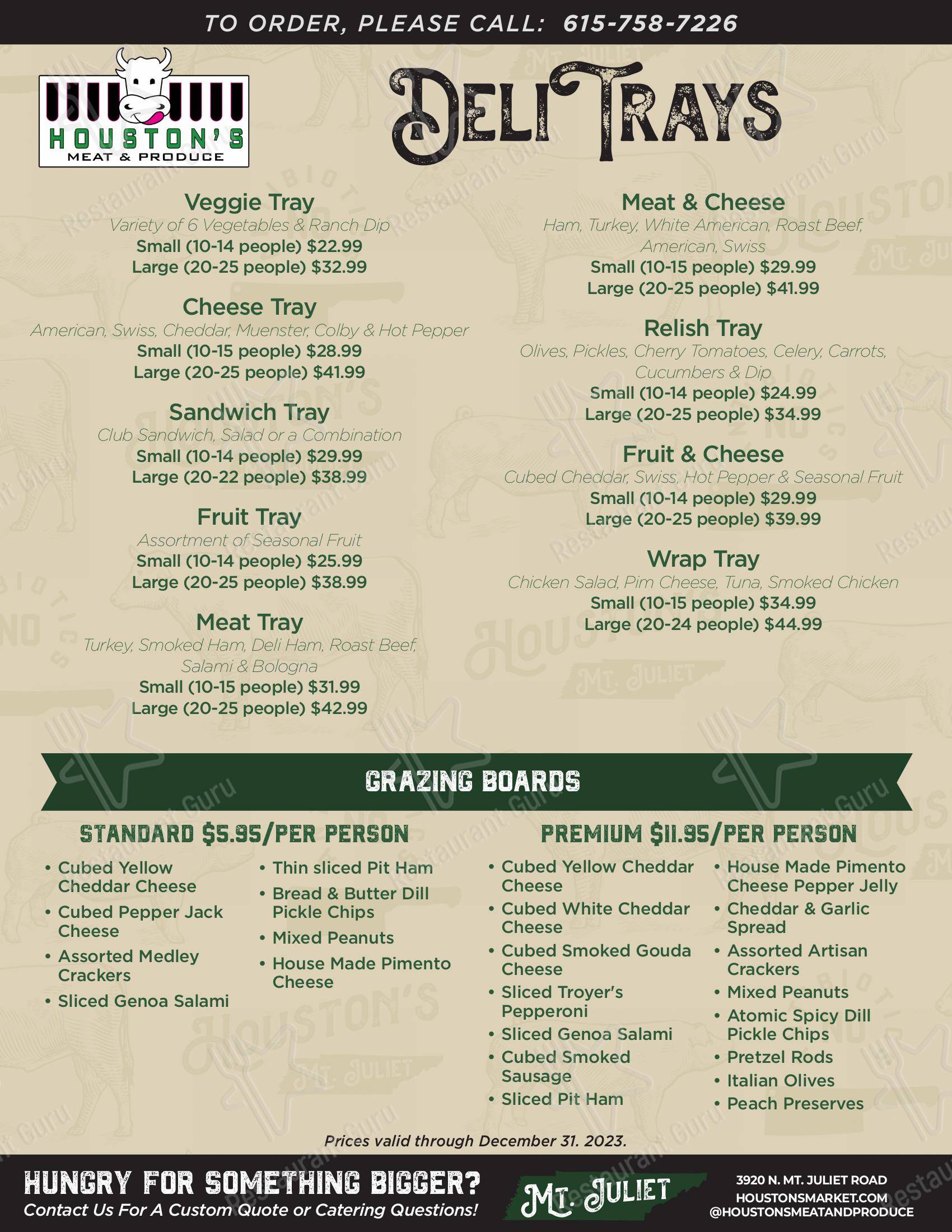 Menu at Houstons Meat Market restaurant, Mount Juliet