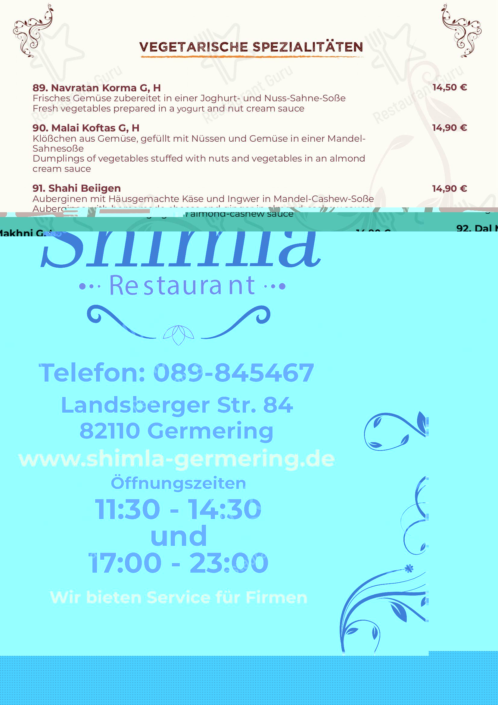 Menu pour Indisches Spezialität Restaurant Shimla Germering - Menu