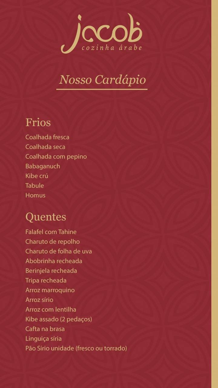 Jacob Cozinha Árabe cardápio